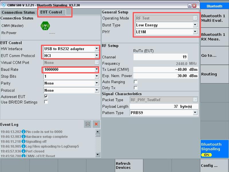 BLE tester EUT Control settings